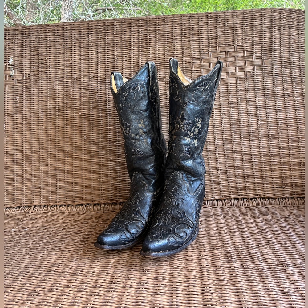 Black Western Boots Corral Lizard Inlay Cowgirl Boots